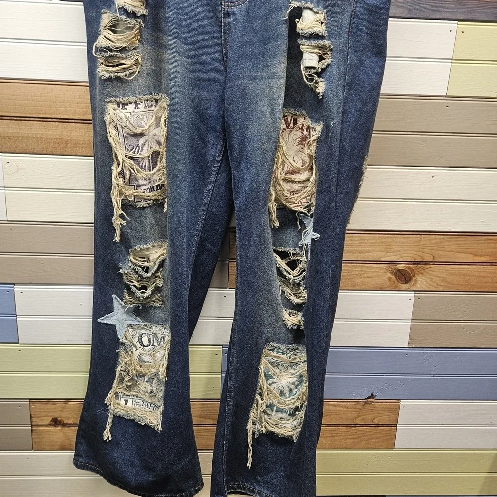 Boohoo Man‎ Ultra Wide Leg Y2K Jeans 40 x 33 Baggy Skater Patches Distressed